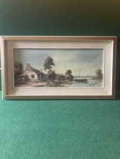 Oil Painting Boat on a Lake and Cottage