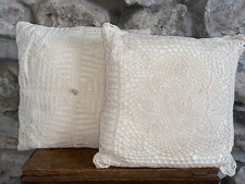 Pair Crochet Handmade Scatter Cushions Ivory Off White Cream Vintage Style