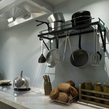 Black Metal 60 CM Kitchen Cooking Pot Rack Wall Mounted shelf with 10 hooks