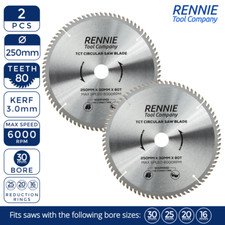 2Pc 250mm x 80T x 30mm TCT Circular Wood Saw Blade For Bosch Makita Dewalt Mitre