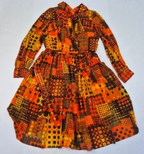 KITTY COPELAND Dress 14 Orange Women's 70s Polka Dot Long Sleeve True Vintage