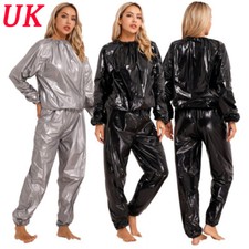 2Pcs PVC Sauna Suit Elastic Cuff Tops Pants Set Weight Loss Sweat Suit Gym Suit