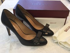 Bally Ladies Black Leather Court Shoes With Front Bow Size 36