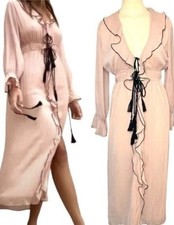 ZARA S UK 8-10 Ruffled Midi V-Neck Dress pink/beige nude Tassels kimono Boho