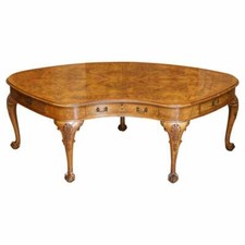 BURR WALNUT ANTIQUE VICTORIAN LION CLAW & BALL FEET KIDNEY LIBRARY TABLE DESK