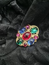 Vintage Sphinx Cabochon Diamanté Multicoloured Brooch Glass Gold Tone Jewellery