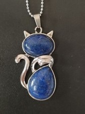 Genuine Lapis Lazuli Silver Tone Cat Pendant Necklace
