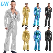 UK Men's 70s 80s Disco Dance Costume Shiny Flare Sleeve Jumpsuit Rompers Party
