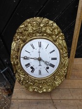 Antique French Morbier Comtoise Clock . Pressed Brass face / Enamel Dial