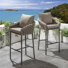 Set of 2 Luxury Garden Patio Outdoor Bar Stools Cushion Rope Beige