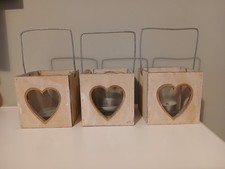X3 Wooden Heart Tea Light Lanterns Hanging Tealight Holder