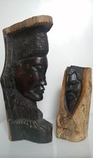 2 X Hand Carved Wood African Head Bust Sculpture, Tribal Brown Black Ebony Wood