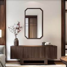 Large Elongated Octagon Wall Mirror Black Walnut Wood Frame Dressing Wall Mirror