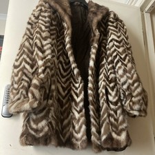 Brown White Chevron Real Mink Fur Coat Size 14 New