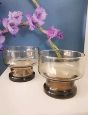 Smoked Glass Stemmed Dessert Bowls Set of 2 Sundae Dishes 70s MCM