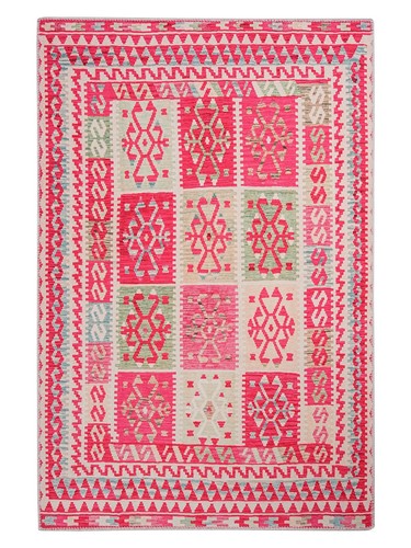 Red green turkish kilim rug - red,