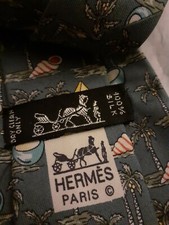 HERMES RARE MEN'S SILK TIE BLUE TROPICAL BEACH COCONUT TREES SHELLS 7516 IA