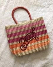 Woven Beach Bag Medium Size Flock Pink “Beach” Design Beige Pink Orange Stripe 