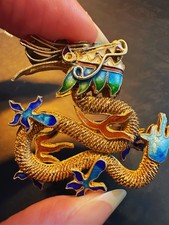 1949-1966 Chinese Export Silver S925 Gold Plated Enamel Handmade Dragon Brooch