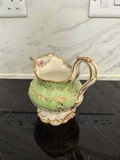 Antique Victorian Porcelain Jug Green & Gilt Floral Pitcher Hand Painted c.1900