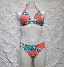 Maryan Mehlhorn coral and blue watercolour print halter neck bikini Size 14 C