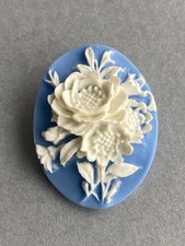 Blue Cameo Brooch Pin White Floral Rose High Relief Wedgwood Style
