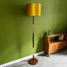 Mid Century Teak and Brass Standard Floor Lamp, Rewired, with Modern Gold Shade