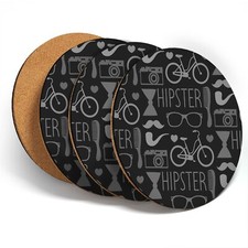4 x Coasters  - BW - Hipster Mustache Bike Pattern  #36193