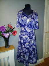 Cotton Traders Navy Blue Floral Wrap Dress Size 14 V-Neck Short Sleeve Midi