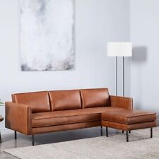 West Elm Axel Tan Leather Reversible Corner Sofa (226 cm) and Footstool Set