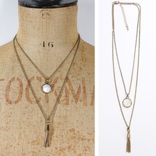 Mother Of Pearl Disc Tassel Drop 2 Row Necklace Dainty Layered Gold Tone Chain