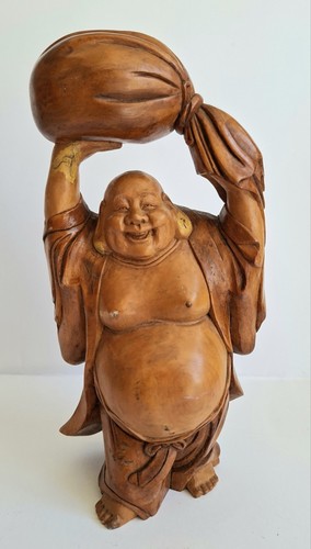 Vintage wooden laughing buddha - wooden,