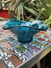 Vintage Sowerby Teal Blue Glass Tricorn Posy Bowl Vase Retro MCM 1950/60s