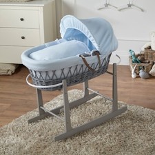 Moses Basket Grey Wicker with Grey Rocking Stand – Blue Waffle