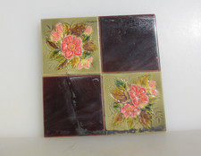 Antique Ceramic Tile Old Floral Flowers Leaf Art Nouveau Vintage Edwardian 1907