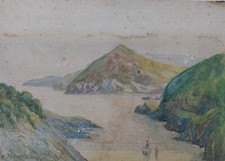 Antique Victorian Watercolour 1890 Seascape Cove Beach Combe Martin Devon Coast