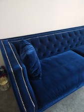 Indigo blue velvet sofa,  chrome studs, cushions 4 seater ( 2 available)