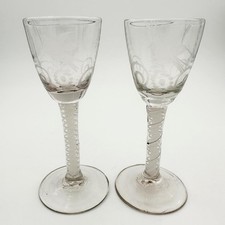PAIR ANTIQUE GEORGIAN WINE GLASSES OPAQUE TWIST STEMS ENGRAVED BOWLS c1760