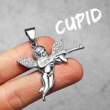 Angel Cupid AK47 Gun CZ Gold Silver Stainless Steel Men Necklaces Pendant Chain