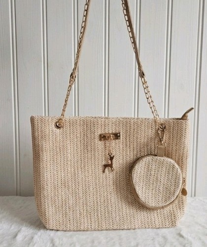 Straw tote bag woven shoulder - straw,