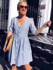 CUTE ZARA BLUE AND WHITE STRIPE PUFF SLEEVE SAILOR STYLE DRESS POCKETS! XS