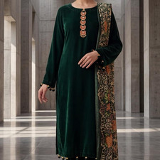 Womens Bottle Green Velvet 3Pc