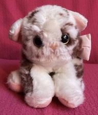 White Bengal Cat Kitten With Brown Patches & Pink Bow Soft Plush Toy Small 6”