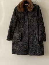 Gharani Strok Wool Blend Coat size 12 M  Faux Fur Collar Grey/black tweed winter