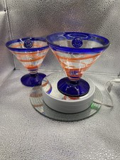 KOSTA BODA LARGE MARTINI DRINKING GLASSES HAND BLOWN COBALT BLUE ORANGE SWIRL
