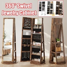 Jewelry Storage Cabinet Full-Length Mirror Lockable 360° Swivel Armoire Shelf UK