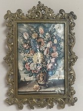 Vintage Italian Floral Silk Print Brass Frame Made in Italy Country House Style