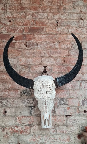 Real carved bull skull - bull, mandala