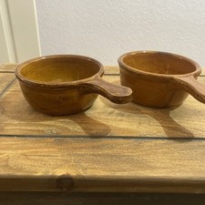 X2 Vintage Pottery Handled Soup Bowls. Unknown Maker. 11cm Diameter