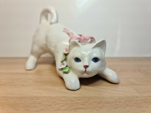 White porcelain cat figurine - white,